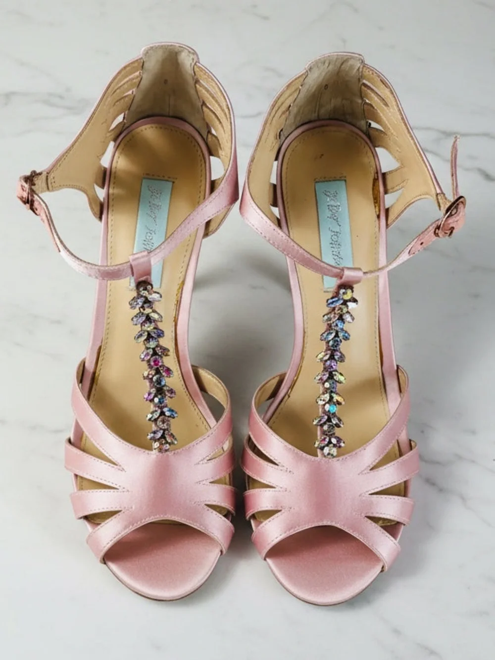 Betsey Johnson Rose Pink Satin Open-Toe Heels with Jeweled Ankle Detail